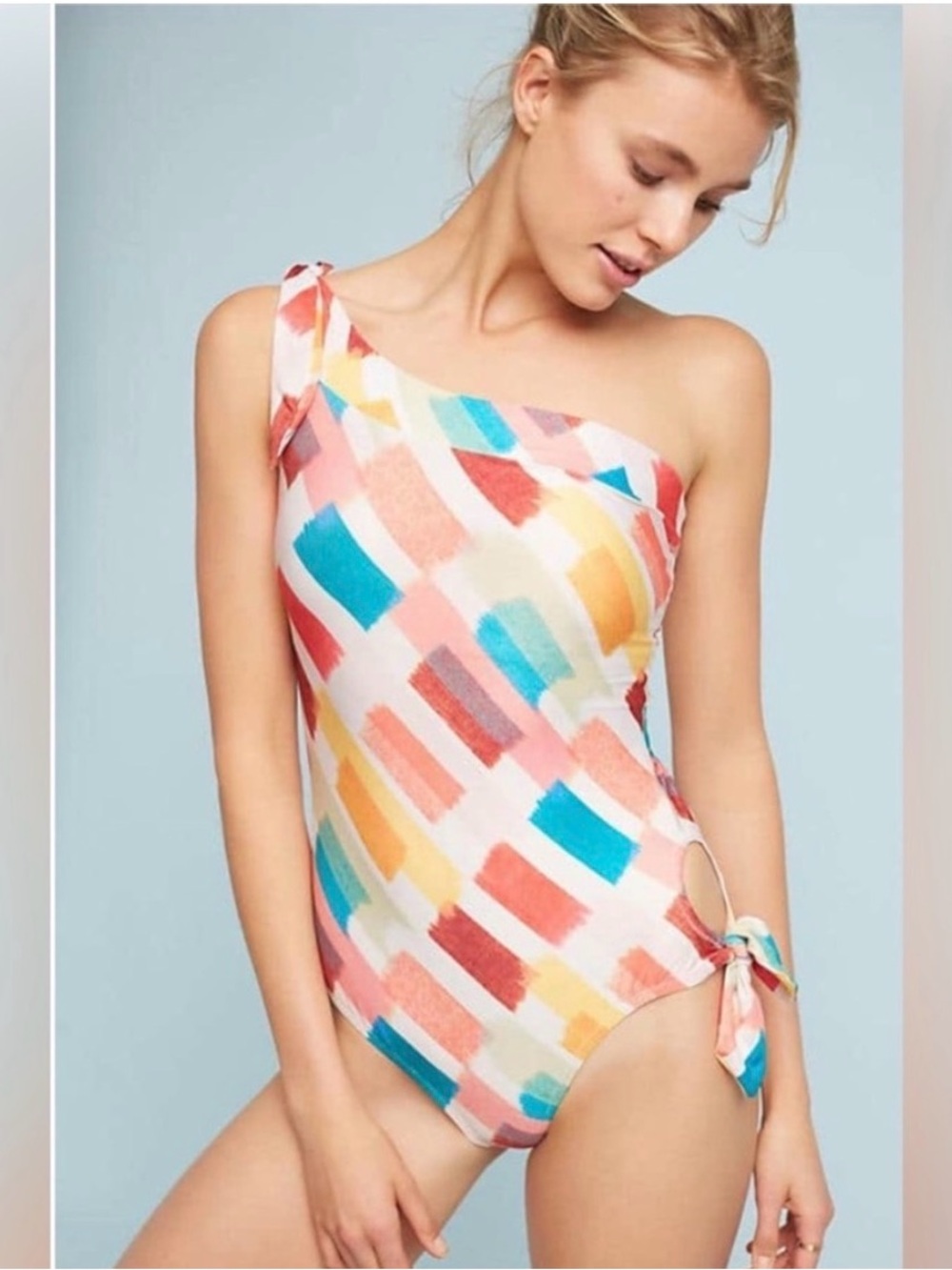 NEW ANTHROPOLOGIE ALLIHOP Asymmetric One-Shoulder Multicolor Print Swimsuit SZ M